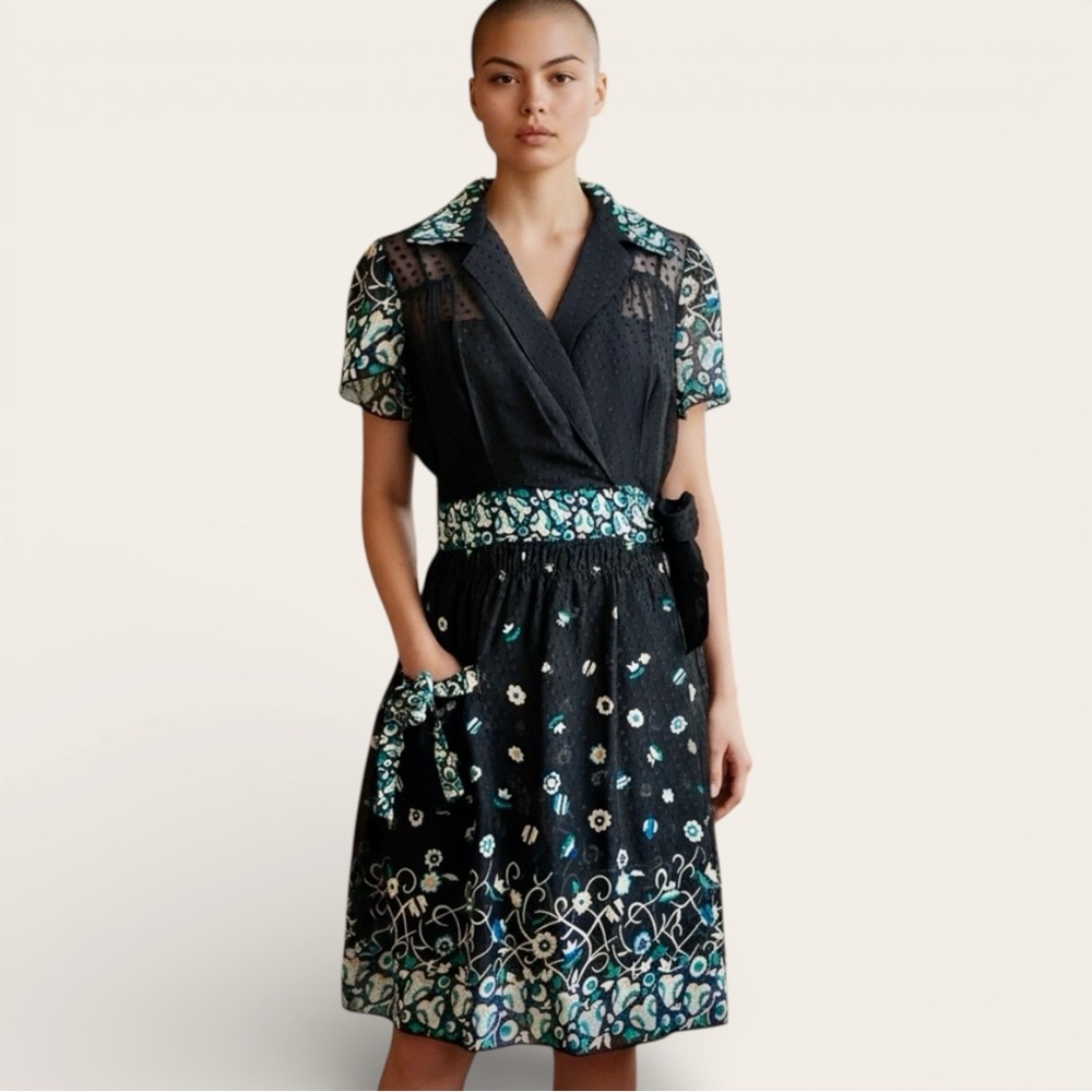 Anna Sui Silk Sheer Black Floral Wrap Dress Size 4